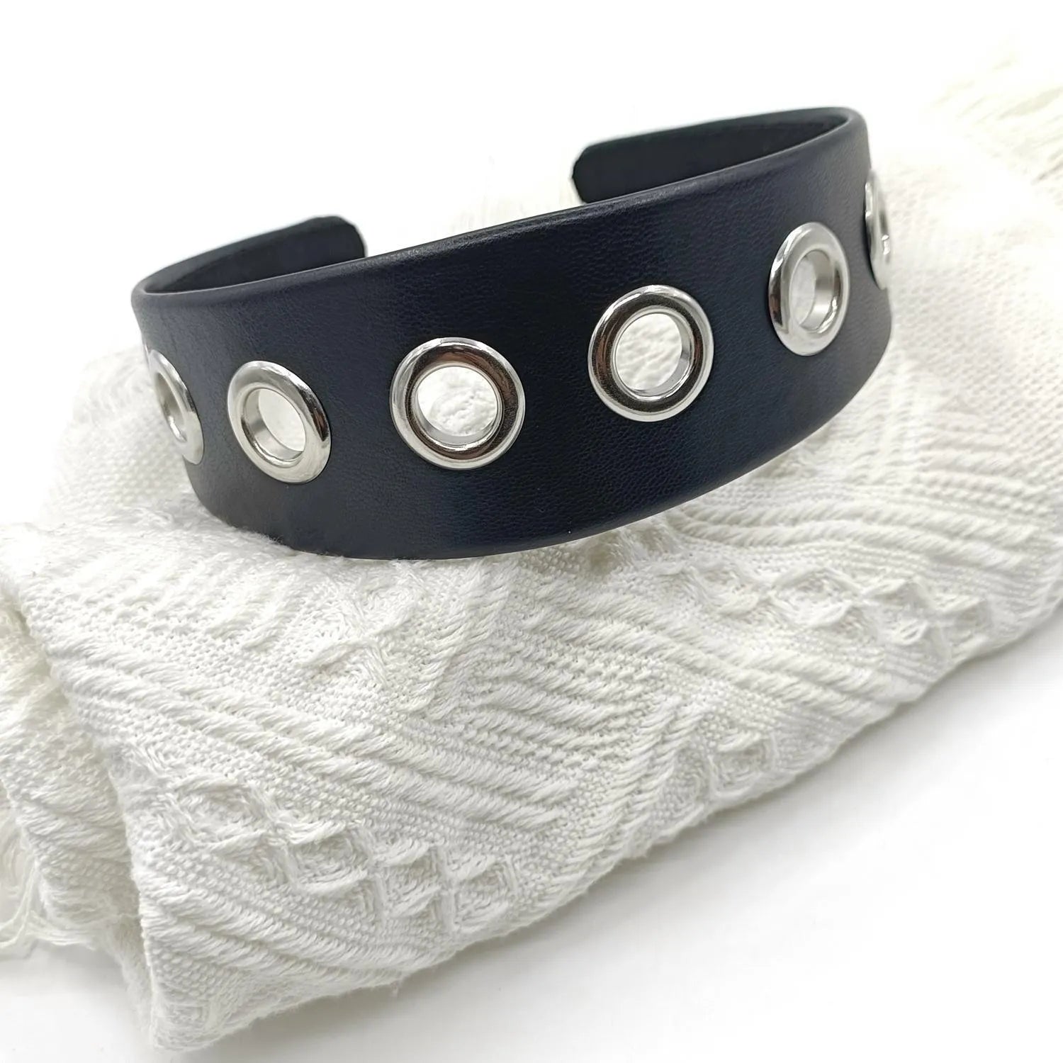 Wide black artificial leather headband with round and square rivets, handmade punk style for women