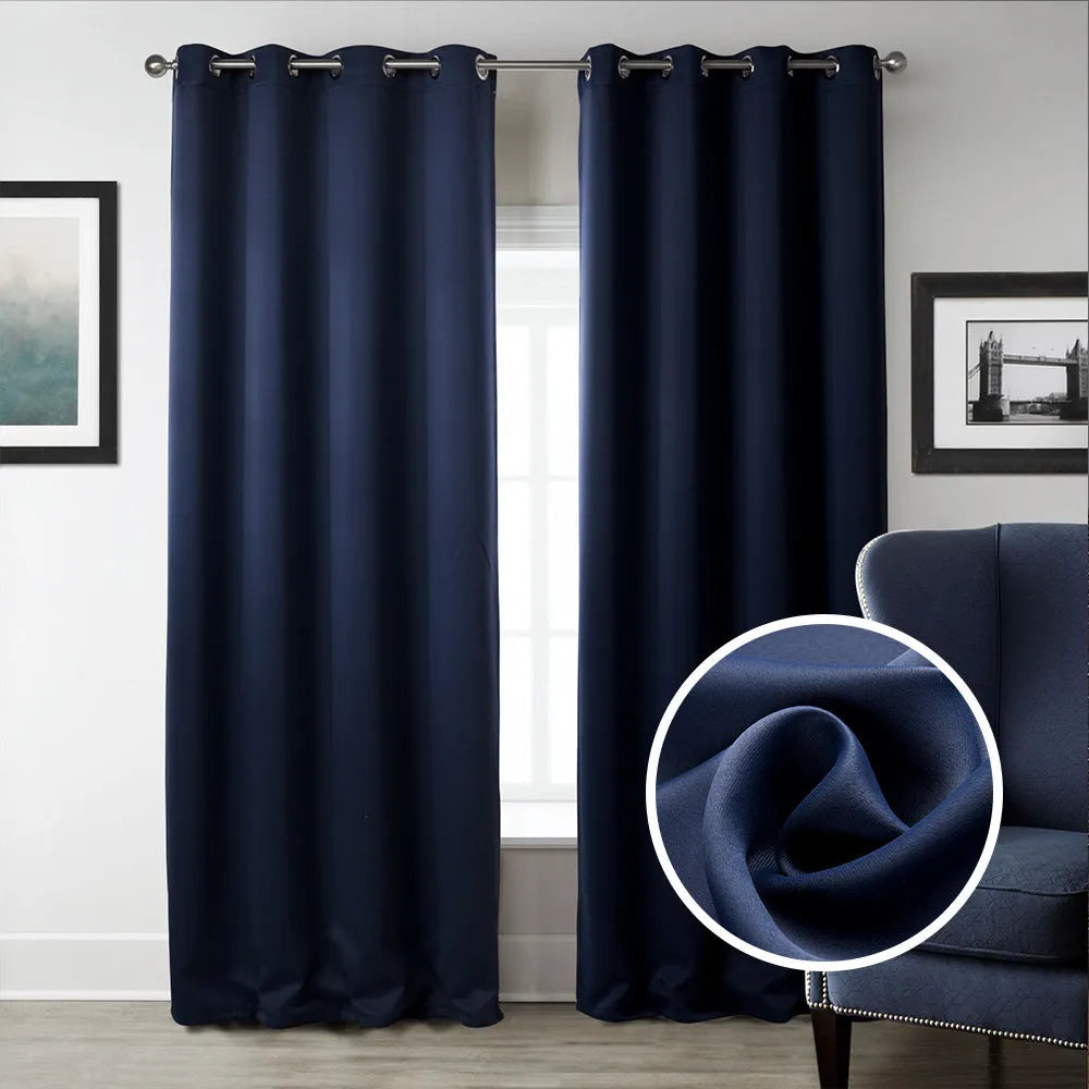 Dark blue printed blackout fabric curtain with perforated top, 140cm width