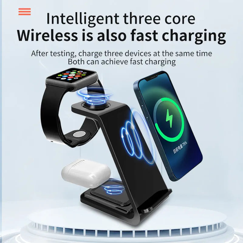 White 3-in-1 upright wireless phone charger holder with Type-C cable on desk