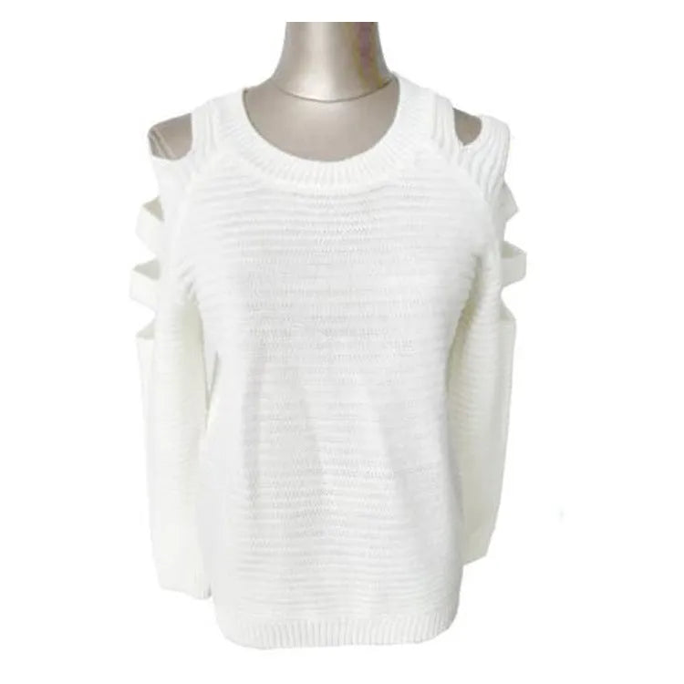 Women's white hollow-out crochet knit shirt with round neck and long sleeves