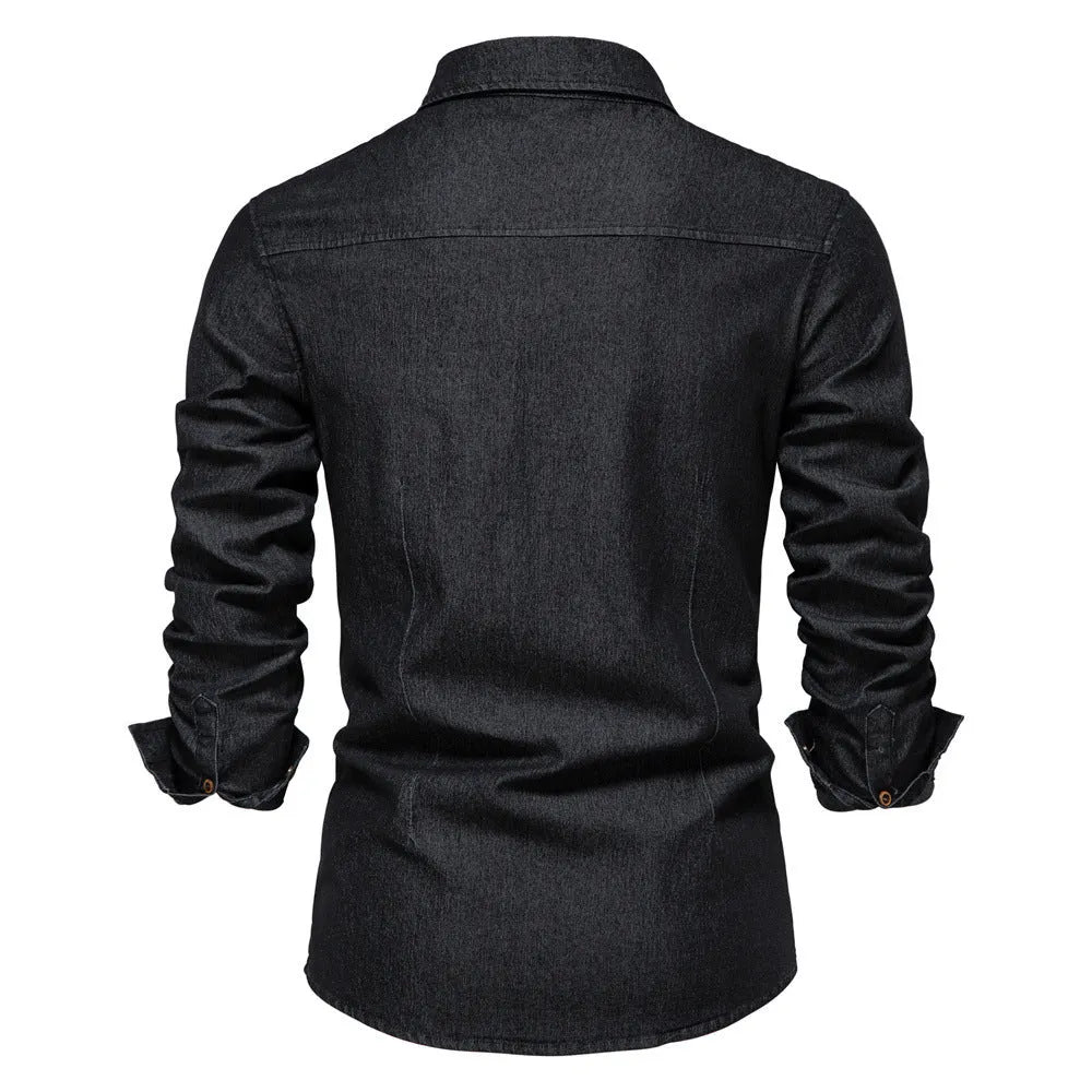Men's long-sleeved slim fit cotton denim shirt in solid colour available in Black, Light blue, Medium blue, Tibetan Blue