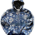Men's loose zip hooded coat in polyester with digital printing, shown in red colour with hood up