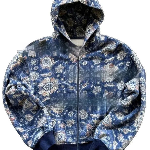 Men's loose zip hooded coat in polyester with digital printing, shown in red colour with hood up