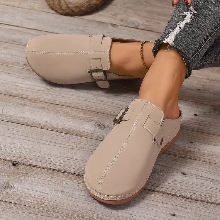 Women's lightweight casual wedge closed toe slippers, cloth upper, rubber sole, light brown colour