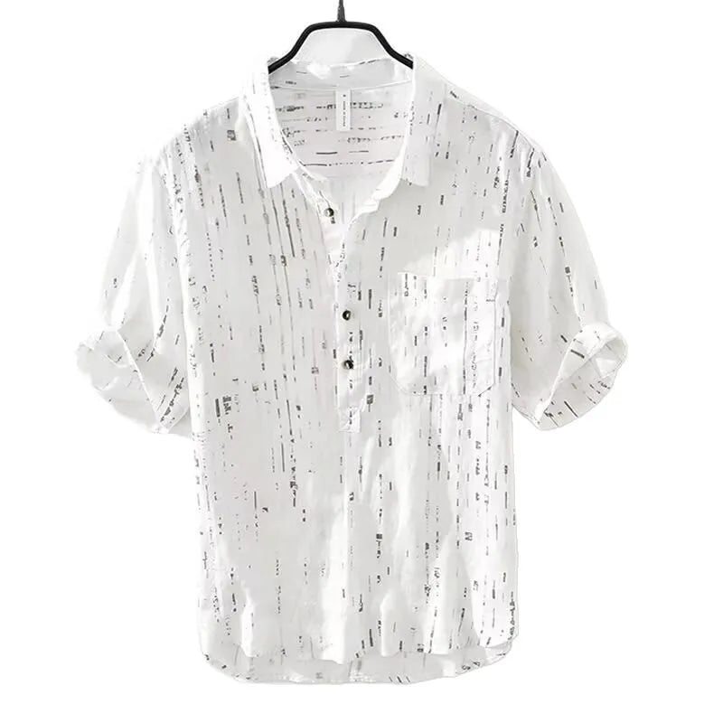 Men's black and white loose fit short-sleeved polo shirt with lapel collar on hanger