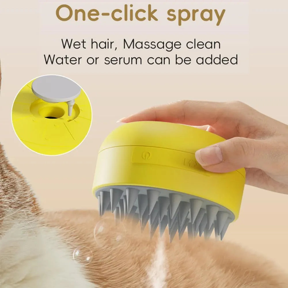 Green rechargeable cat steam brush with silicone bristles and ergonomic handle