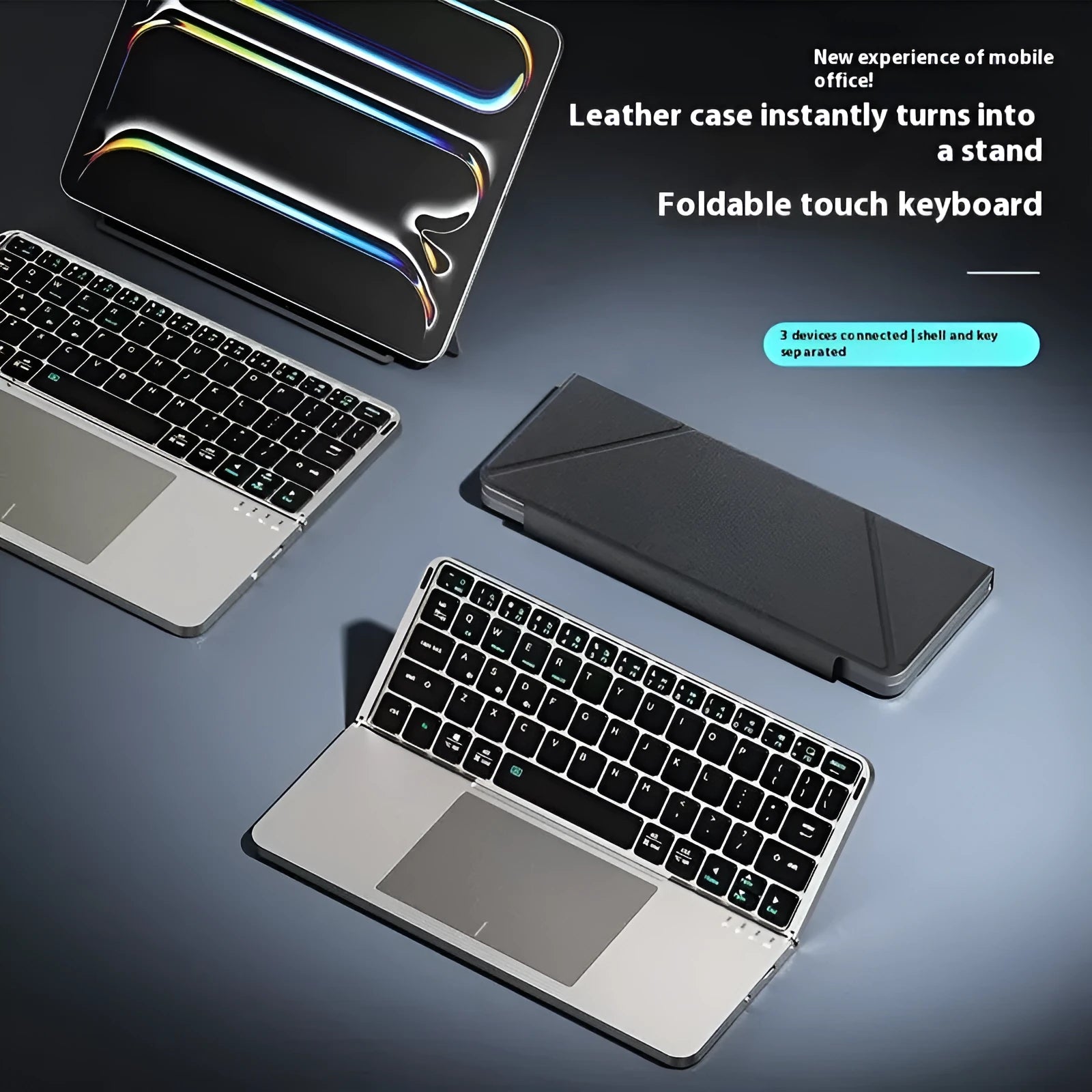 Grey folding wireless Bluetooth keyboard for mobile phones and tablets with compact portable design