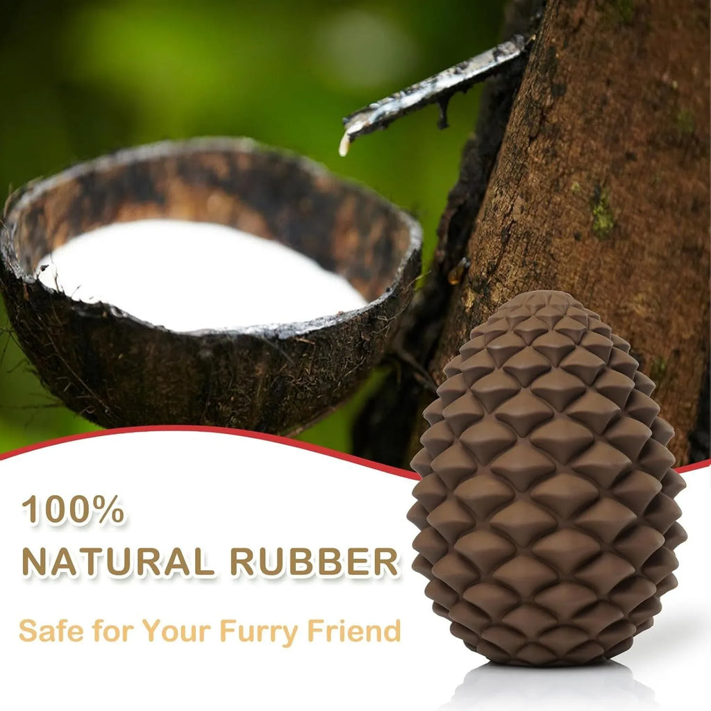 Yellow pine cone shaped dog chew toy with textured surface and treat dispensing hole