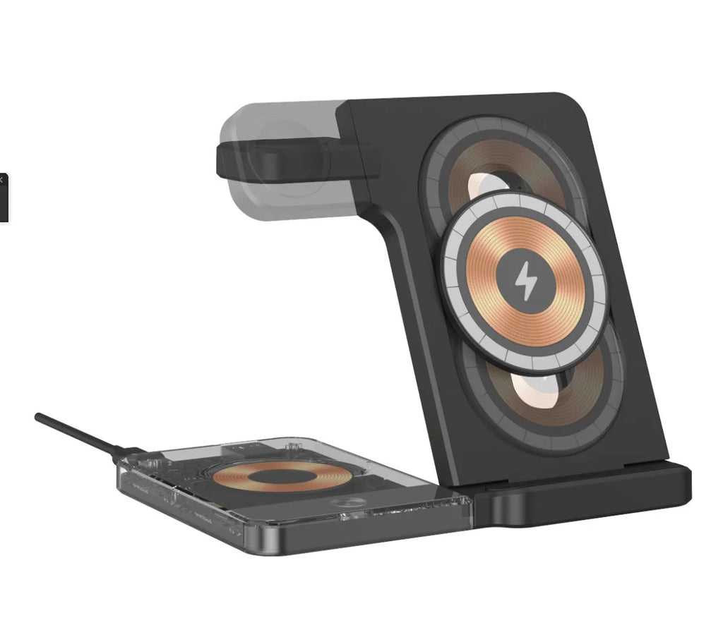 Black foldable desktop wireless charging stand with three charging positions, night light, and USB-A port on a desk