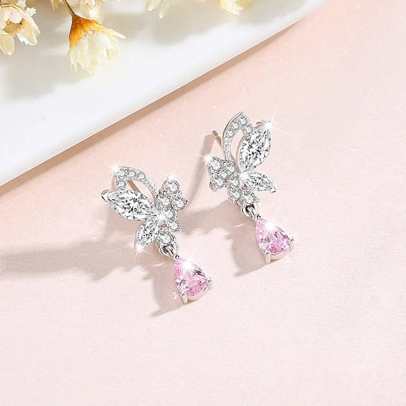 Crystal butterfly silver stud earrings for women in 925 sterling silver with crystal centrepiece