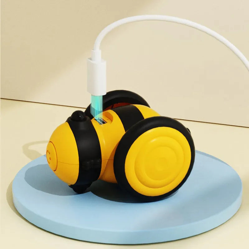 Electric cat car toy with bee design, pink, moving randomly with feather teaser