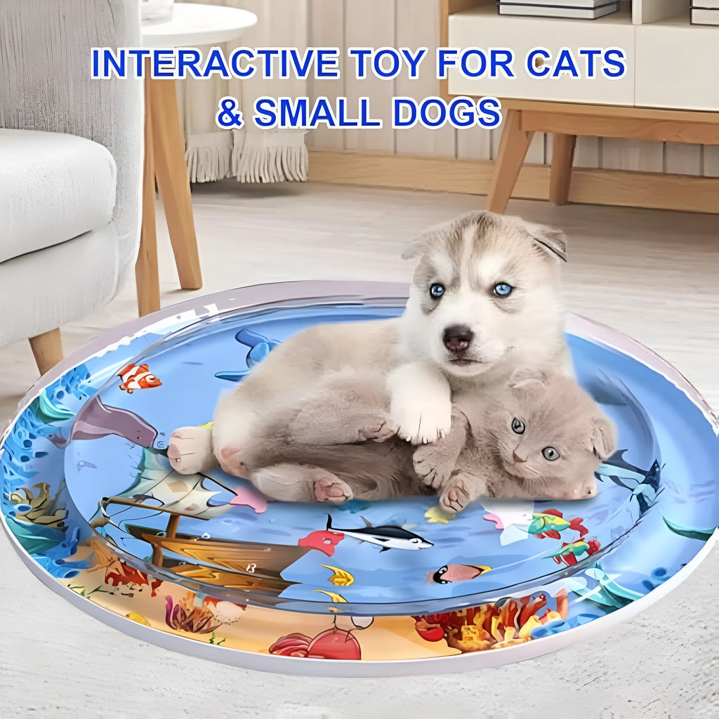 Blue 0.5mm thickened cat water mat with ocean fish toys and inflator, 90cm diameter, on floor