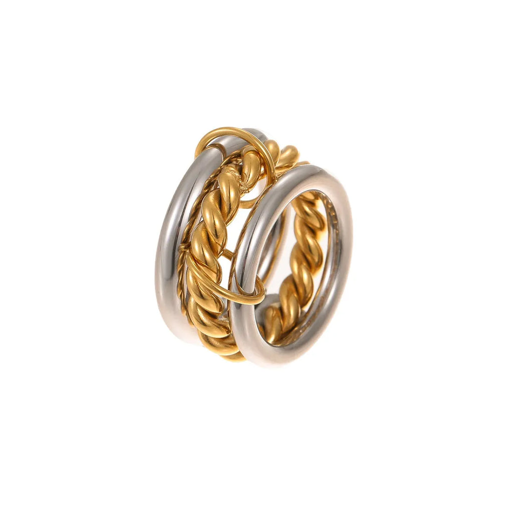 Gold plated stainless steel stacked ring set for women in an exaggerated free-size design.