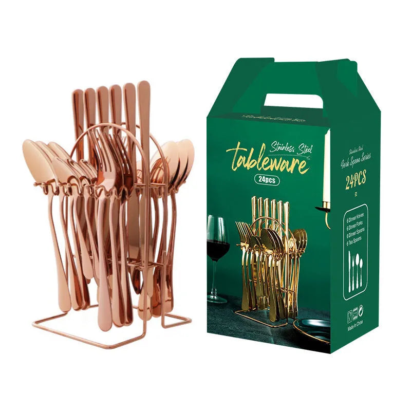 24-piece gold stainless steel dinnerware set with storage rack including knives forks spoons teaspoons