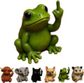 Mini resin animal doll making a vertical middle finger gesture, available in cat, dog, elephant, frog, mouse, turtle, and highland cattle designs.
