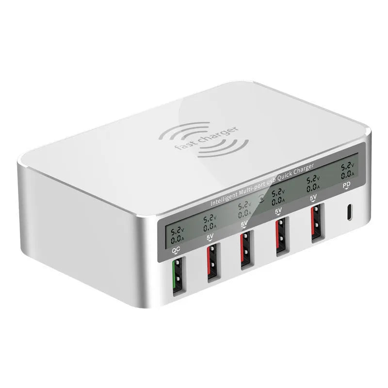 QC30 50W desktop USB charger with six ports, Type-C fast charge, and wireless charging pad, UK plug