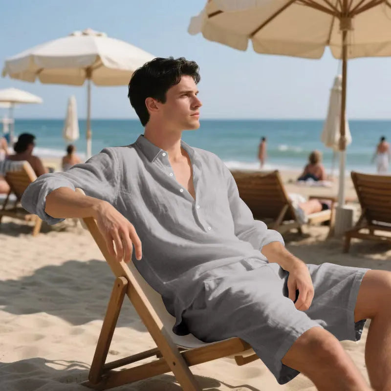 Men's casual linen beach suit set featuring a long sleeve shirt and matching shorts.