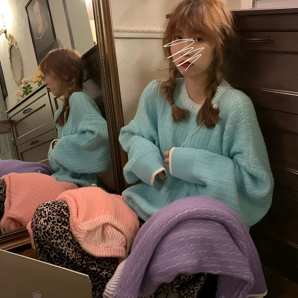 Women's loose-fit solid colour polyester pullover sweater in lake blue