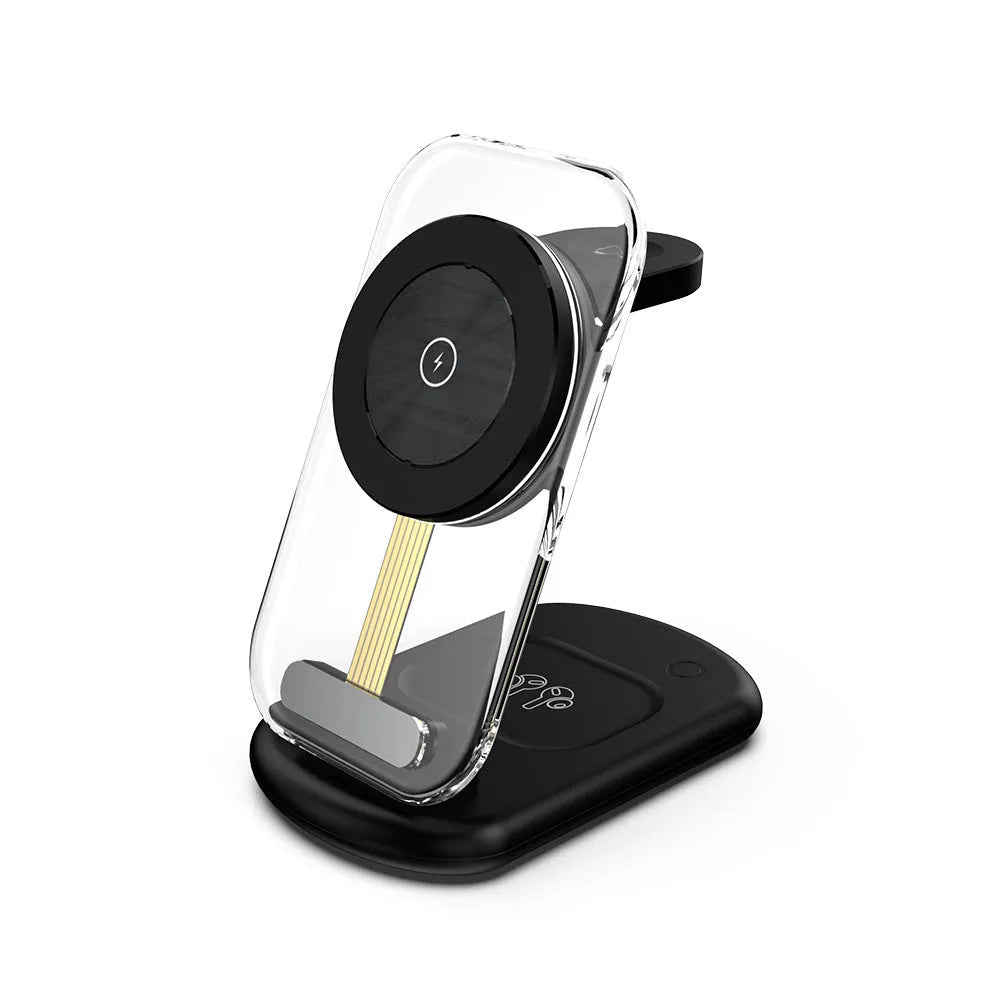 Transparent folding magnetic three-in-one wireless charger showing black and white colour options
