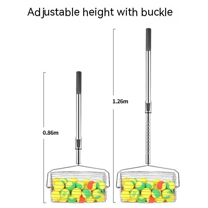 Stainless steel manual roller tennis ball picker on a court surface.