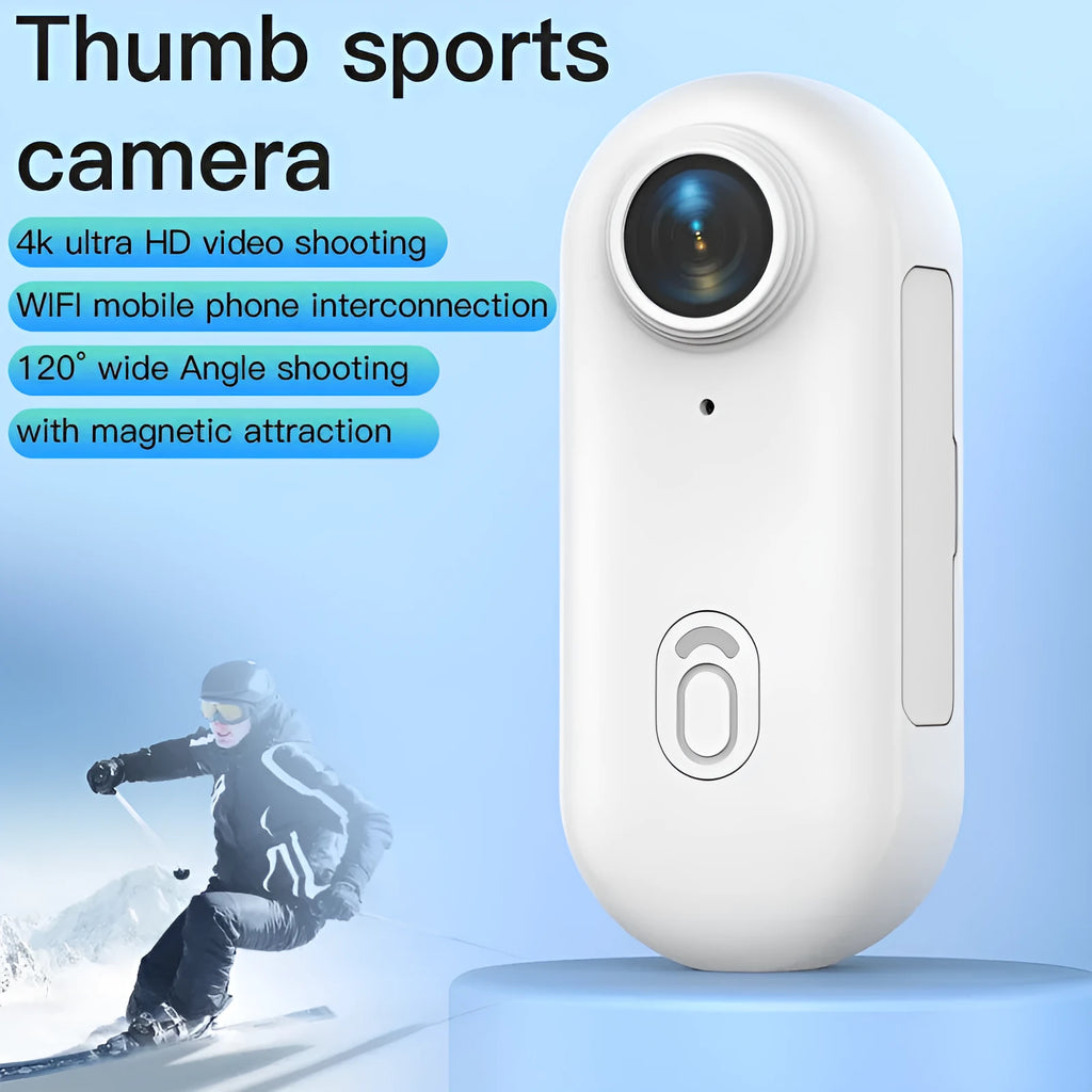 Mini 4K action camera with magnetic mount and waterproof housing in black on a white background