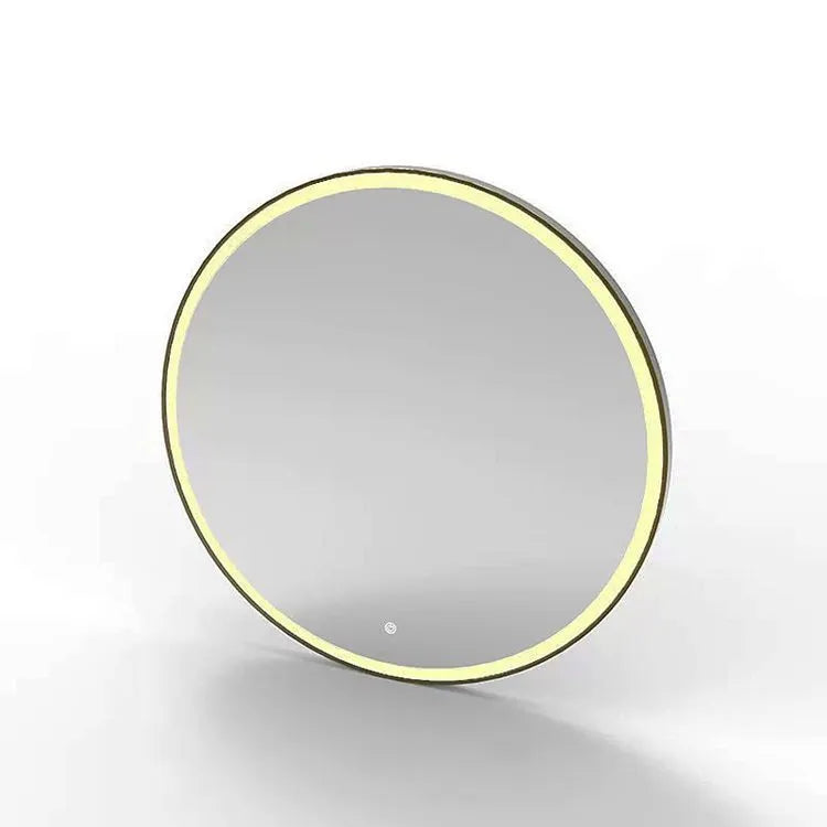 Round black aluminium framed LED bathroom mirror with touch controls for adjustable lighting