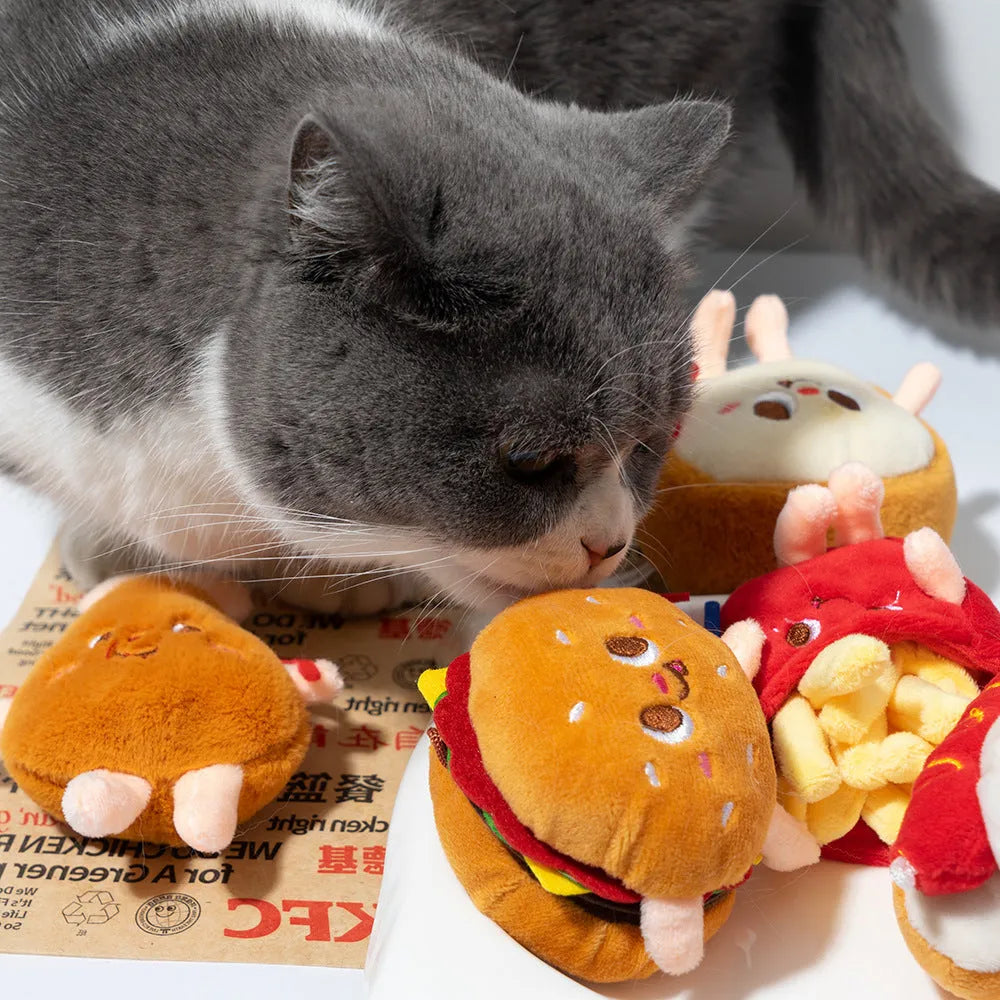 Cat chewing toy with hamburger and chicken leg designs for teething kittens