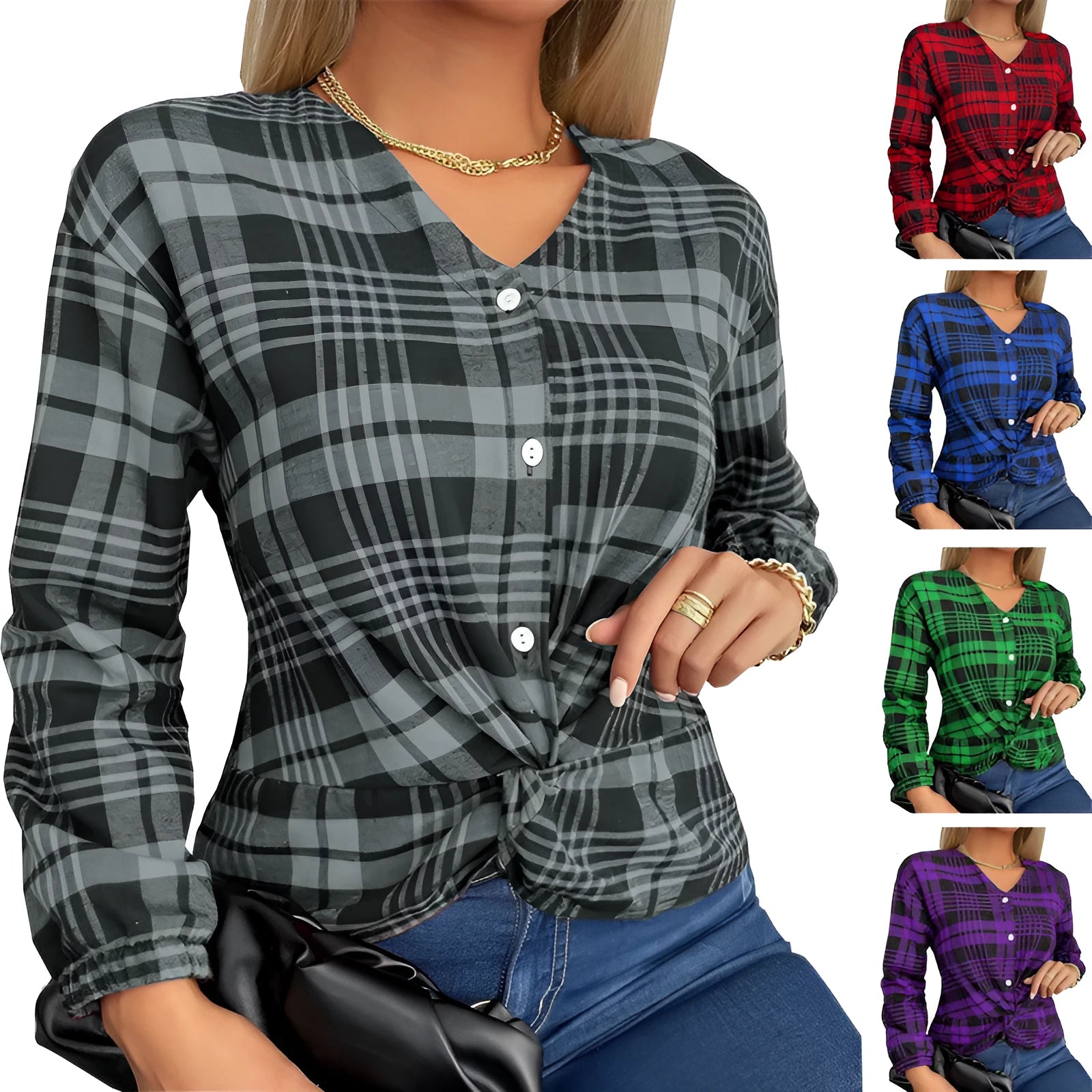 Women's purple, gray and red plaid casual loose shirt with regular sleeves