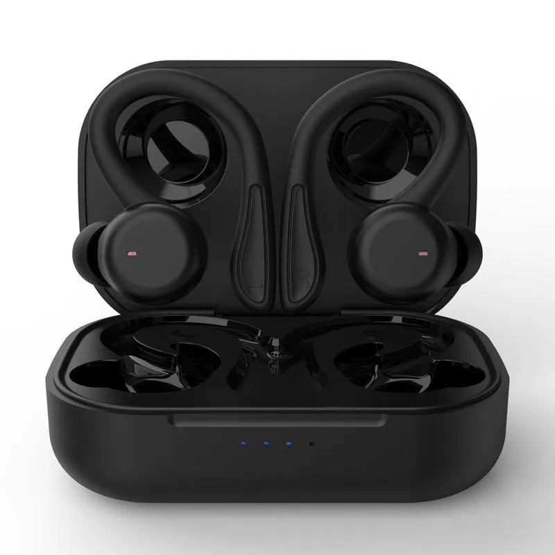 Black wireless sports earphones with removable ear hooks showing charging case and multiple earbud sizes