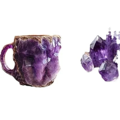 Purple resin coffee mug with 3D crystal texture and a handle on a wooden table.