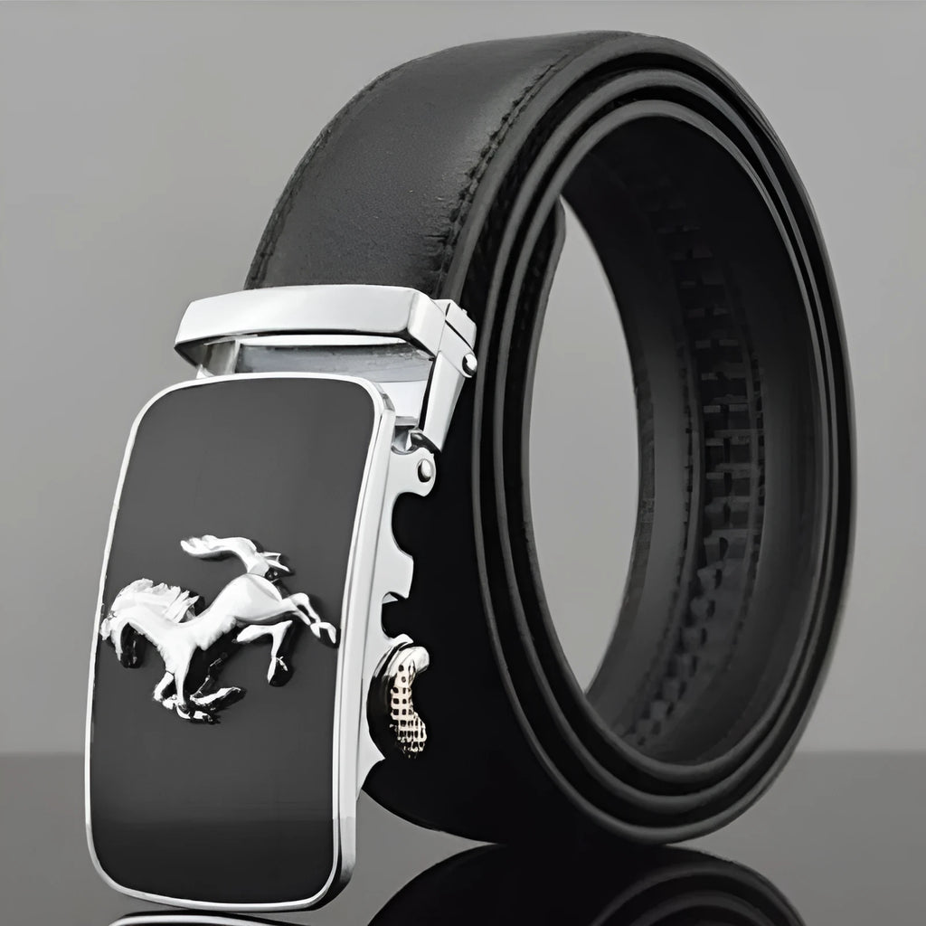 Men's black leather belt with automatic buckle showing 3.5cm width and adjustable length