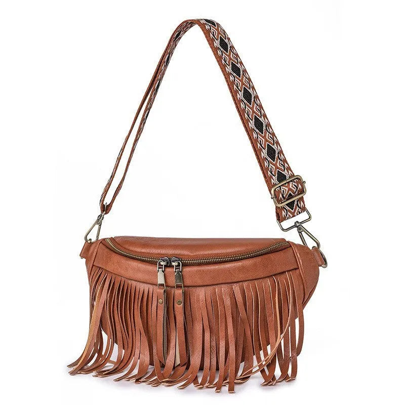 PU leather retro tassel messenger bag with crossbody strap in macaron gray