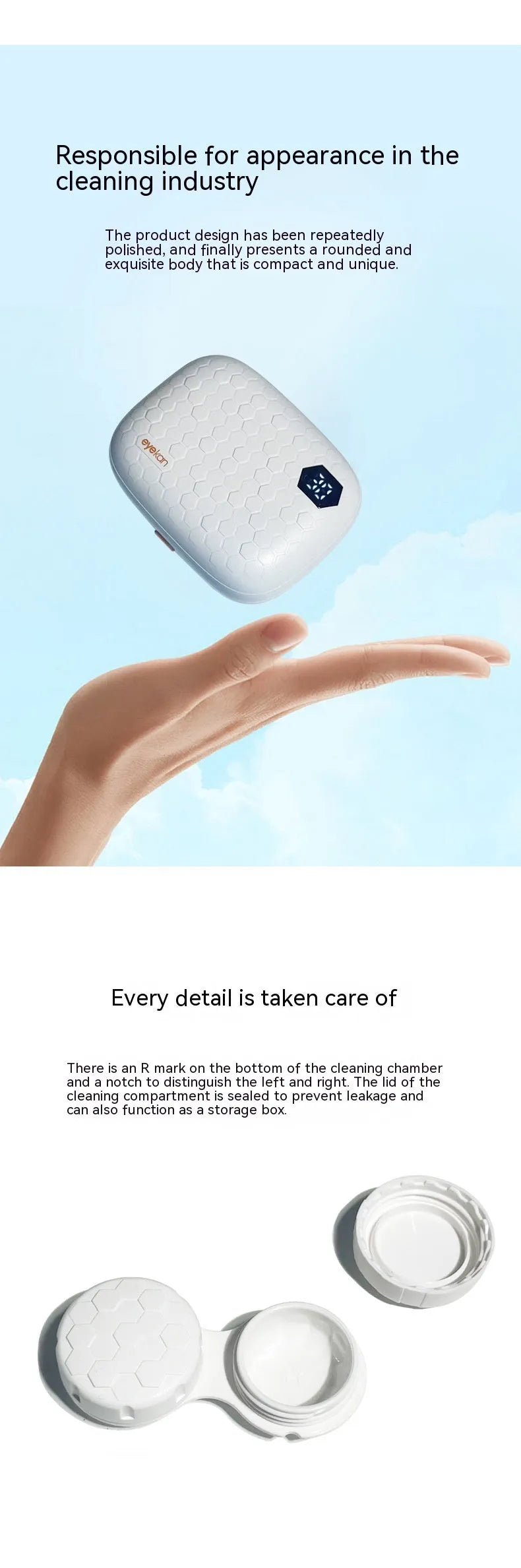 Automatic ultrasonic contact lens cleaning machine in pearl white, blue, or pink plastic housing.