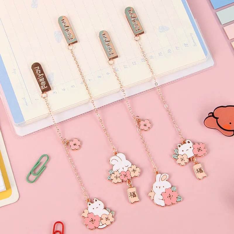Creative cartoon metal pendant bookmark featuring cherry blossom cat or rabbit design, student book holder