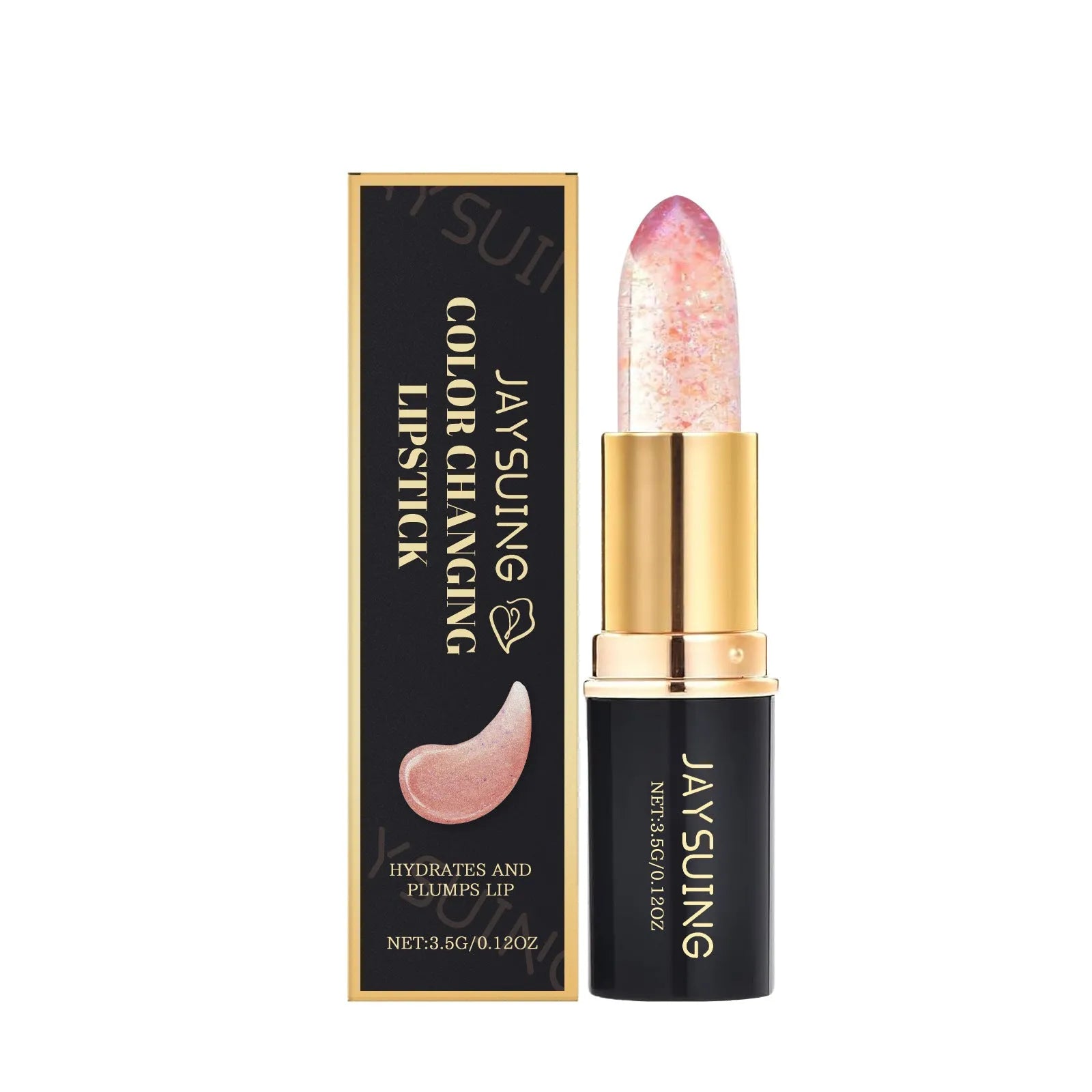 Moisturising colour changing lipstick with hyaluronic acid and jojoba oil, 3.5g, displaying a sheer pink tint