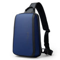 Blue men's Oxford cloth messenger bag with shoulder straps and a soft handle