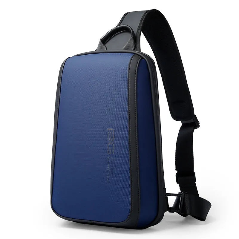 Blue men's Oxford cloth messenger bag with shoulder straps and a soft handle