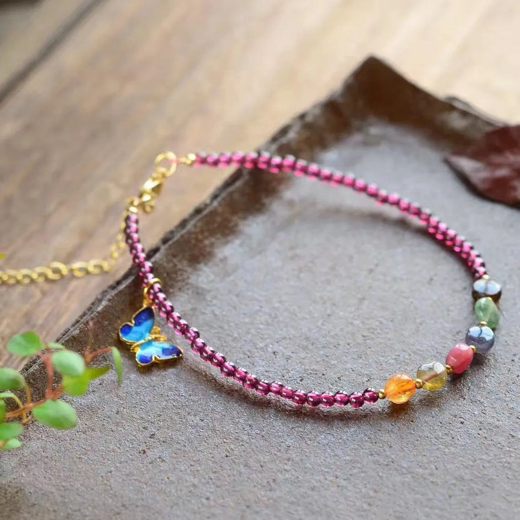 Natural garnet women's purple ethnic geometric anklet on ankle