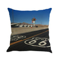 Route 66 landscape pattern printed on a square linen-blend cushion cover, shown in one of six colour options