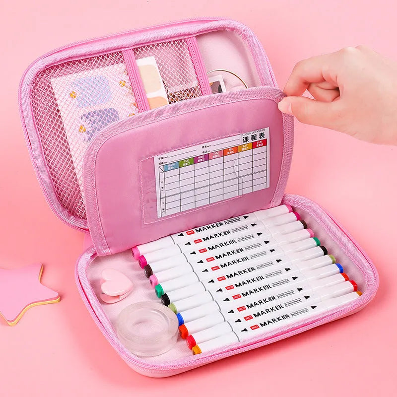Canvas pencil case with large capacity and cute rabbit cartoon print, square shape for school use