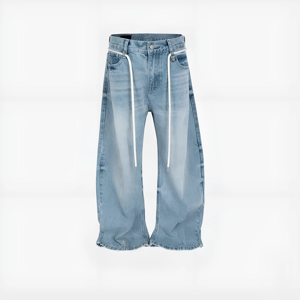 Blue vintage washed cotton denim straight-leg trousers with drawstring belt