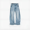 Blue vintage washed cotton denim straight-leg trousers with drawstring belt