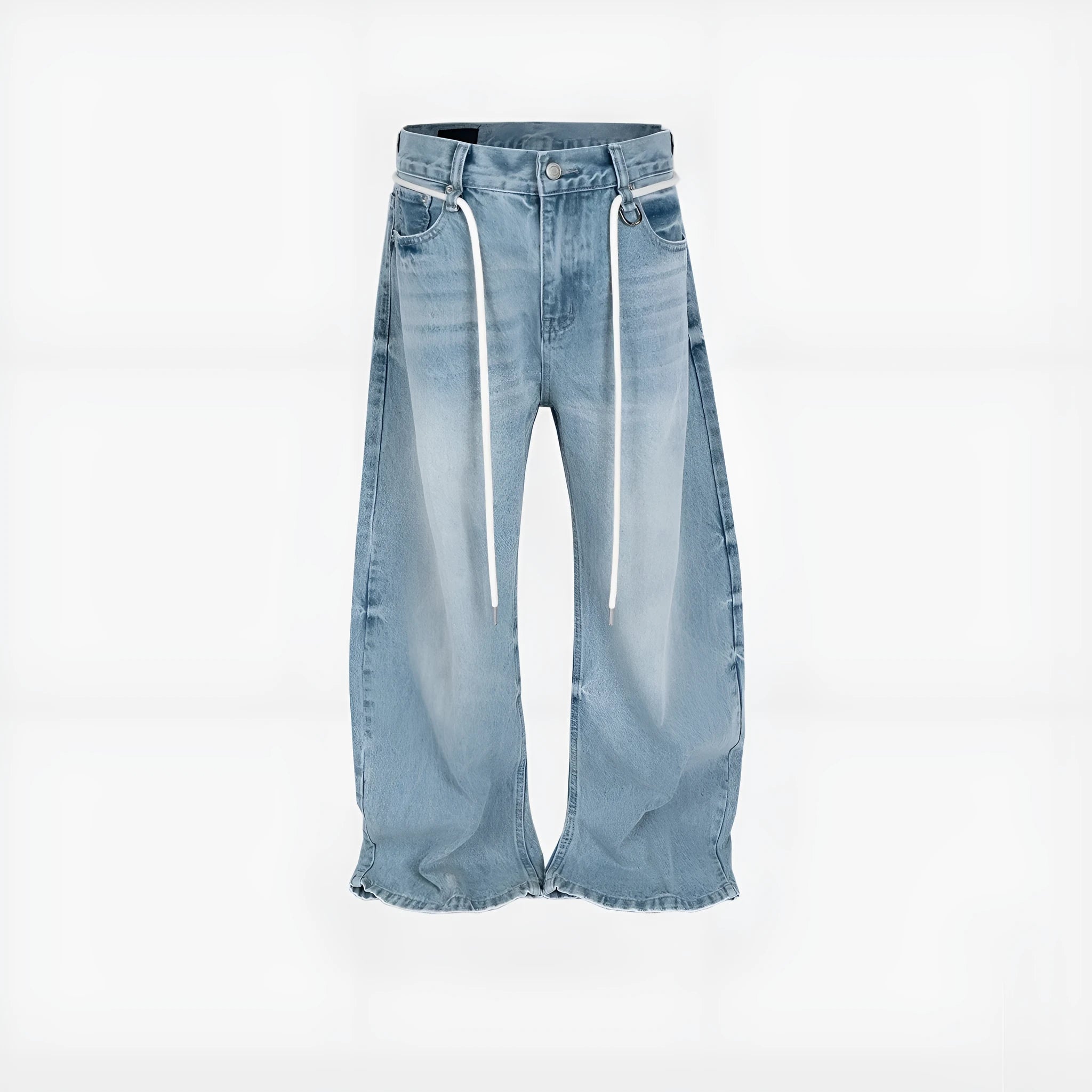 Blue vintage washed cotton denim straight-leg trousers with drawstring belt