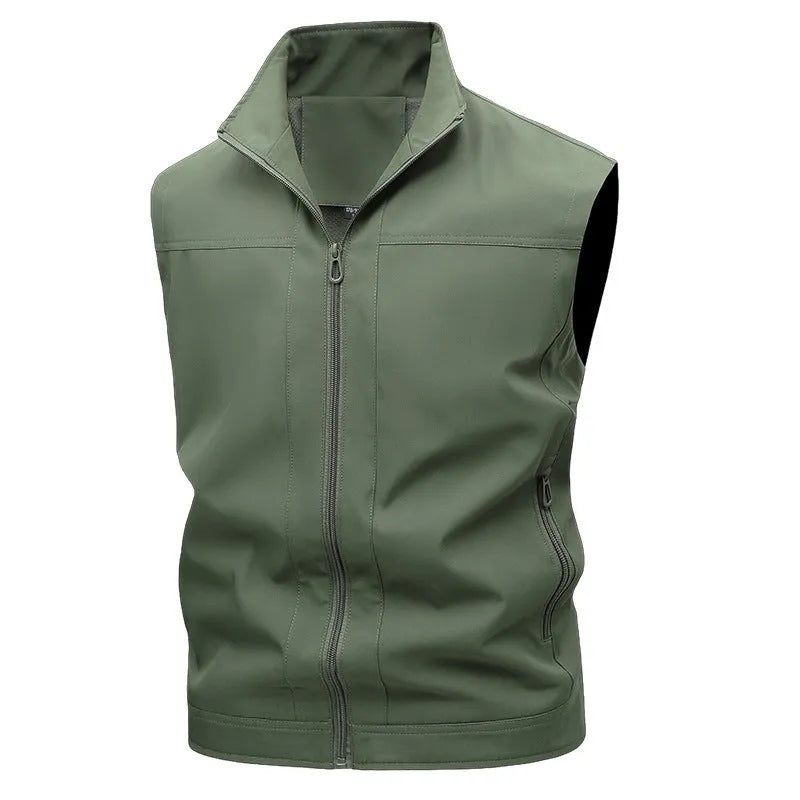 Men's casual workwear jacket with stand-up collar in solid colour, loose fit, polyester blend fabric