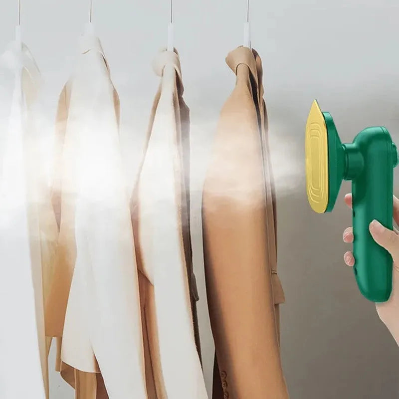 Dark green portable handheld hanging steam ironing machine with ceramic panel on a white background.
