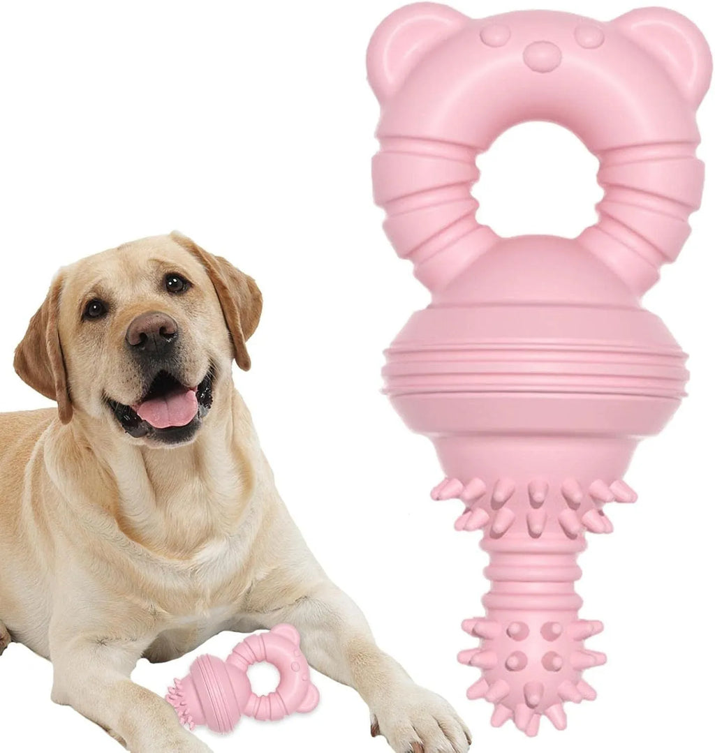 Blue rubber dog chew toy with textured concave-convex surface for teeth cleaning