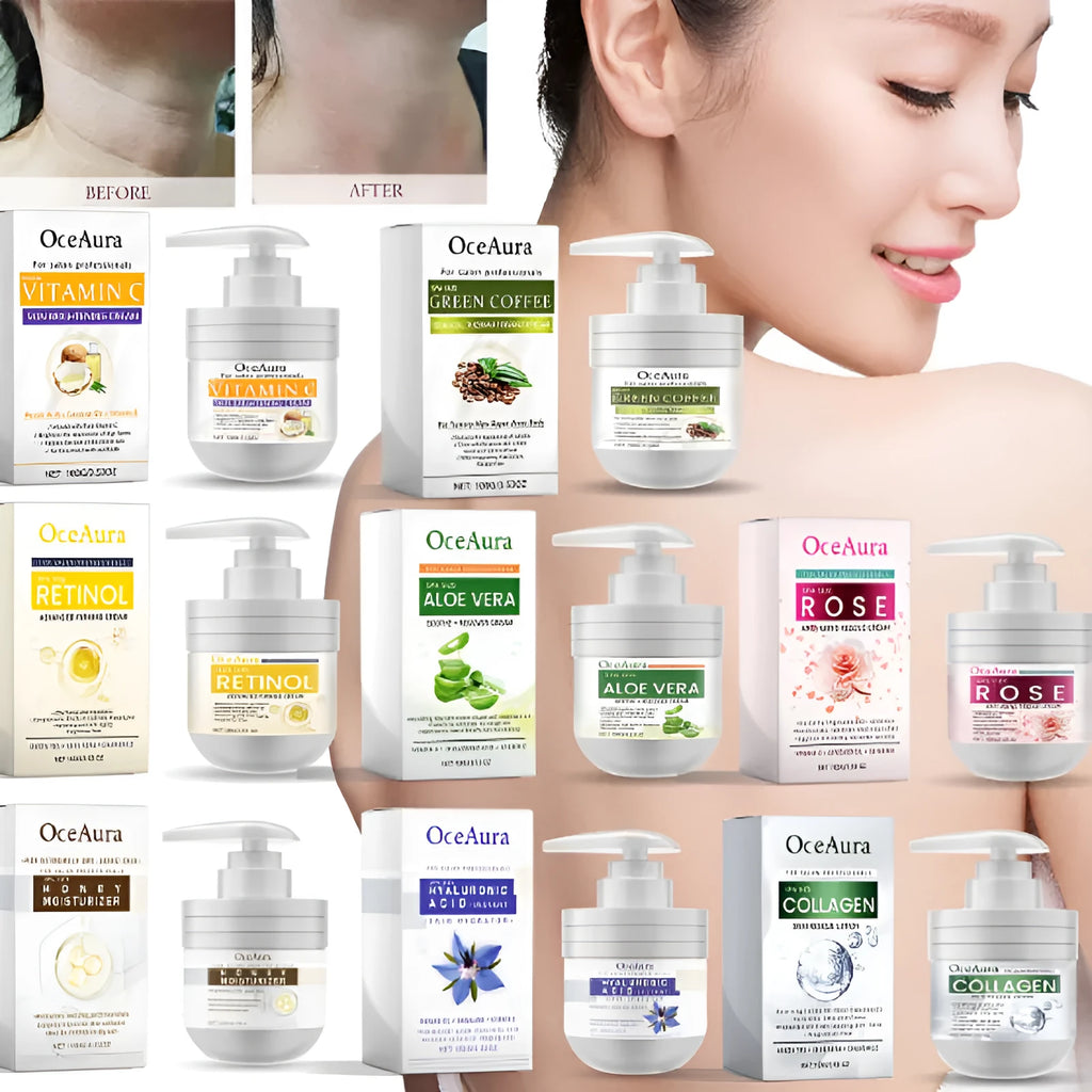 Nourishing Moisturizing Repair Body Cream set with six 165g varieties including retinol, collagen, honey, aloe, green coffee, and rose creams