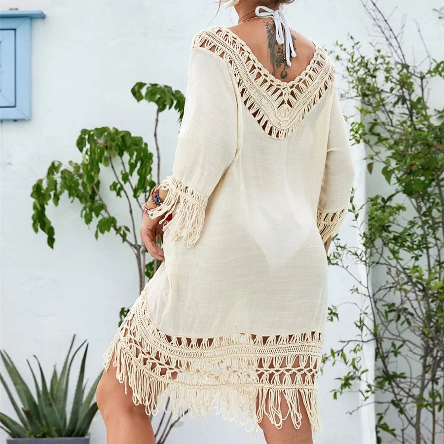 Apricot crocheted patchwork beach dress with knitted elements and half sleeves
