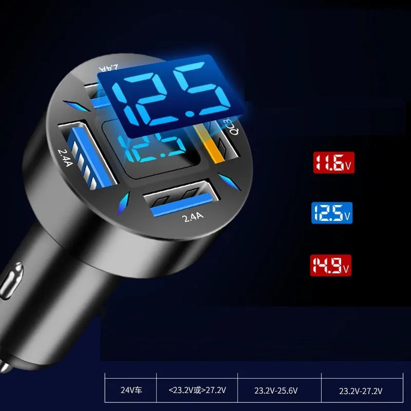 Black four-port USB car charger with digital display, plugged into a car 12V socket.