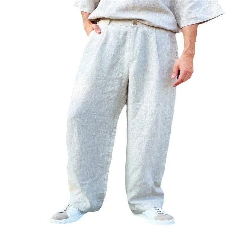 Men's loose linen high waist jogger pants in khaki, straight leg, with zipper fly